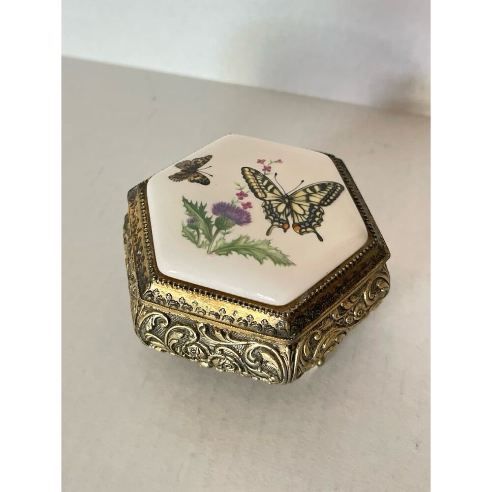 Vintage Westland Japan Gold Filigree Trinket Jewelry Music Box Butterflies